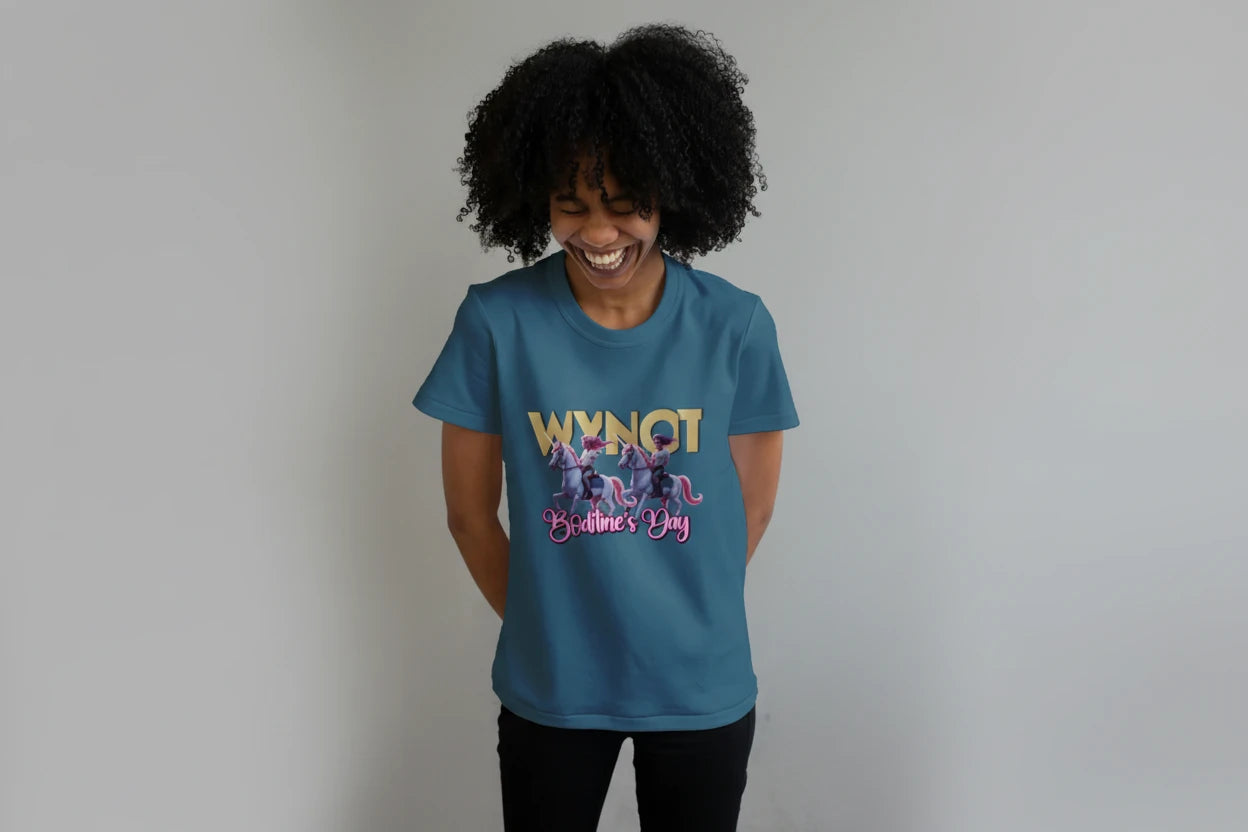 Image of model wear a T-shirt from the WYNOT Boditine's Day collection of WYNOT World Wide.